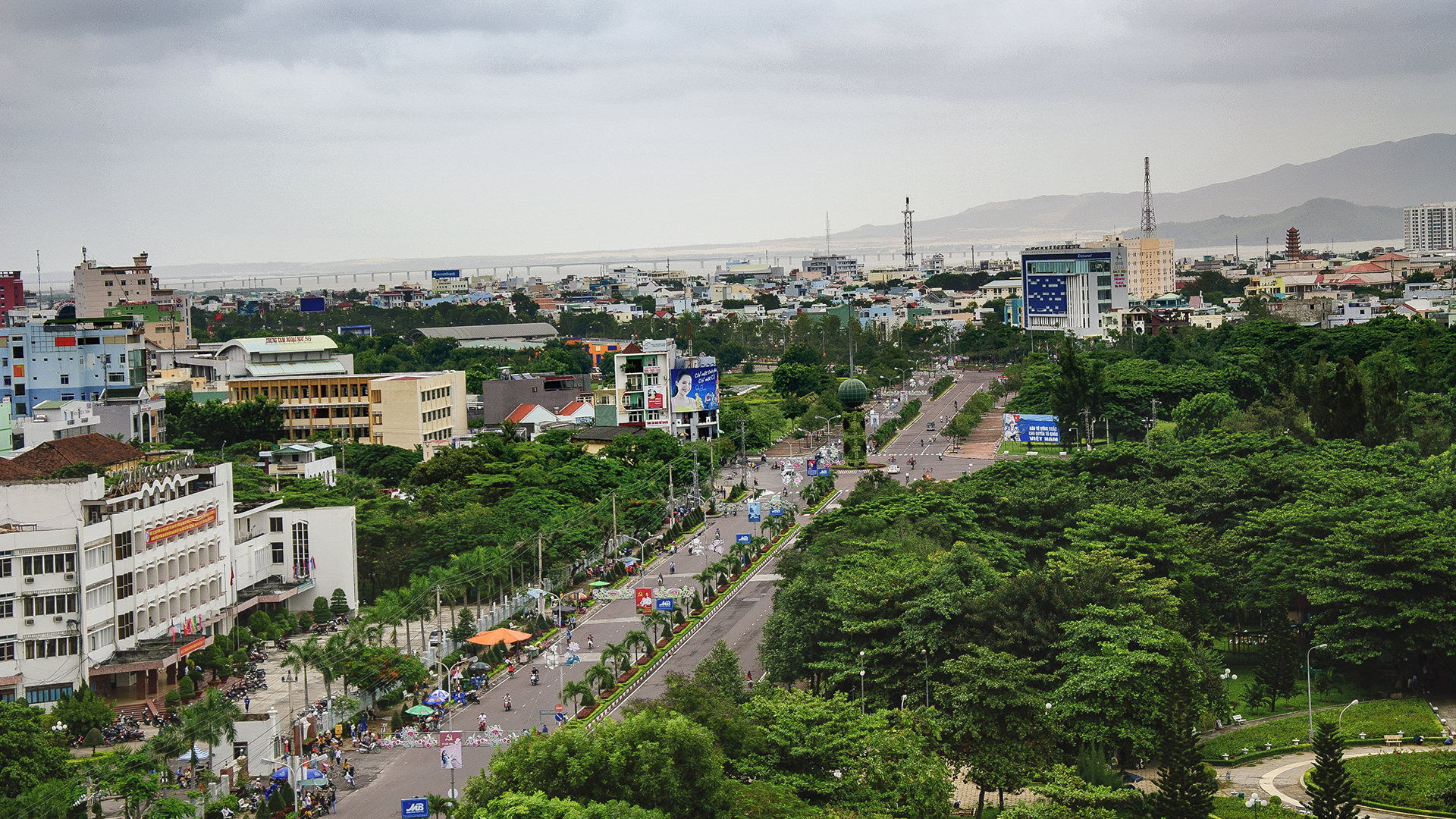 Toàn cảnh thành phố biển Quy Nhơn với hàng cây xanh và nhà cao tầng